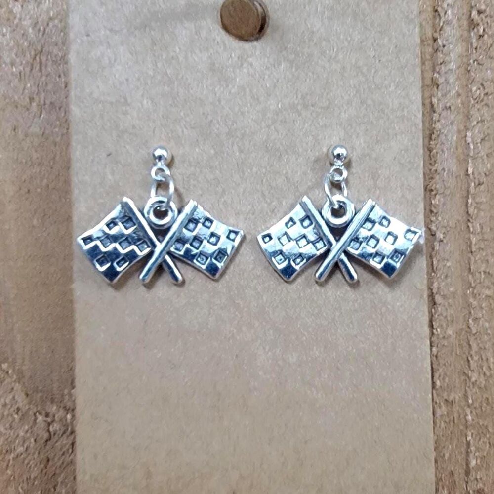 Crossed Checkered Flag Earrings PIERCED 1"  Race Fans Race Day Racing